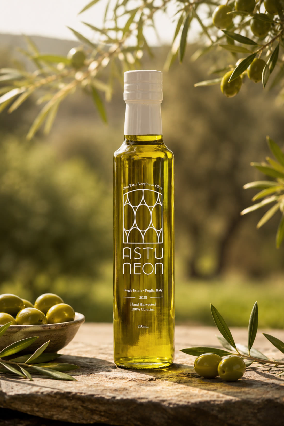 Astu Neon olive oil at golden hour among the groves